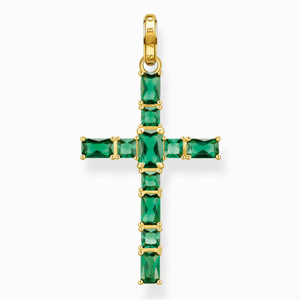 THOMAS SABO prívesok Cross with green stones gold PE939-472-6