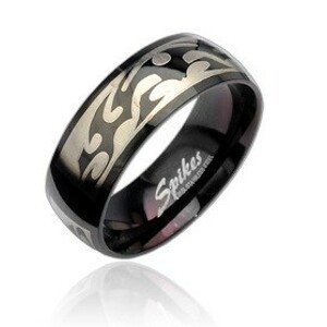 Čierny oceľový prsteň so vzorom Tribal v striebornej farbe - Veľkosť: 62 mm