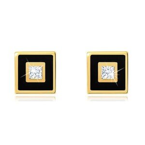 Zlaté náušnice 375 - štvorček zdobený čiernou glazúrou, číry zirkónik