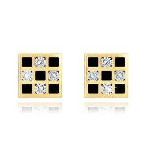 Náušnice zo zlata 375 - štvorček so šachovnicovým vzorom, zirkóny, glazúra