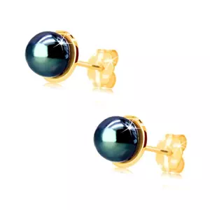 Zlaté náušnice 585 - malý lesklý kruh s modrou guľatou perlou, puzetky
