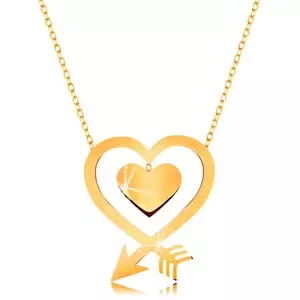 Náhrdelník v žltom 9K zlate - tenká retiazka, kontúra srdca zo šípu, srdiečko
