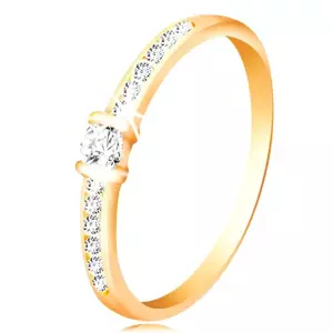 Zlatý prsteň 14K - číre trblietavé ramená, vyvýšený okrúhly zirkón čírej farby - Veľkosť: 48 mm