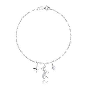 Strieborný 925 náramok - hviezdička, morská panna, biela syntetická perla, číre zirkóny