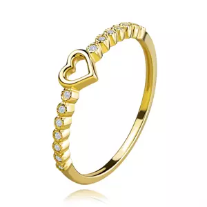 Zlatý prsteň zo 14K žltého zlata - obrys srdca, kvietky z čírych zirkónov - Veľkosť: 49 mm