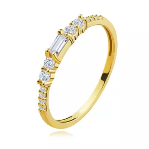 Zlatý 585 prsteň zo žltého zlata - obdĺžnikový a okrúhle číre zirkóny - Veľkosť: 52 mm