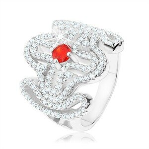Masívny prsteň, striebro 925, červený zirkónik, rozsiahly ornament - kríž - Veľkosť: 52 mm