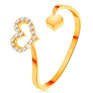 Zlatý prsteň 585 - zvlnené ramená ukončené obrysom srdca a plným srdiečkom - Veľkosť: 63 mm