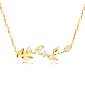 Diamantový náhrdelník zo žltého 14K zlata - stonka s hladkými a briliantovými listami