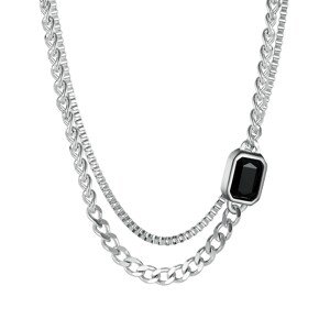 Oceľový náhrdelník striebornej farby - čierny sklenený kameň, dvojitá retiazka